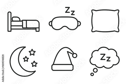 Sleep and rest line icon set. Bedtime and good night concept. Bed, pillow, sleep mask, moon, stars, nightcap, and dream bubble vector icons. Insomnia or relaxation symbols.