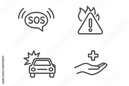 Emergency icon set. SOS signal, fire warning alert, car crash accident and medical help symbol. Outline pictograms for disaster, first aid and insurance concept.