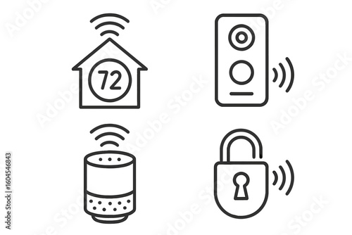 Modern Smart Home Device Icon Set. Line Art Vector Collection Featuring Smart Thermostat, Wireless Doorbell, Voice-Controlled Speaker, Secure Keyless Lock. Home Automation Technology Symbols