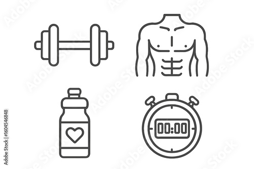 Gym fitness outline icons. Dumbbell for weightlifting. Muscular torso with abs. Stopwatch for workout timing. Water bottle for hydration. Sport & health vector pictogram set.