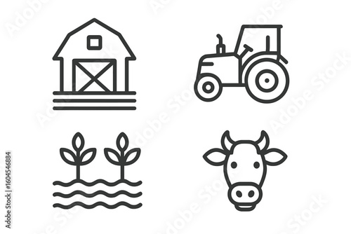Farming and agriculture line icon set. Farm life vector collection. Outline pictogram symbols of barn, tractor, plant crop, and cow head for animal husbandry concept.