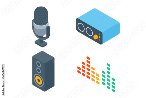 Sound recording isometric icon set. Music production equipment. Audio interface, microphone, studio speaker, equalizer wave. Podcast broadcast vector flat design elements.