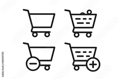 Shopping cart icon set for e-commerce. Vector line art symbols for online store UI. Includes add to cart, remove item, empty and full basket. Minimalist web design elements.