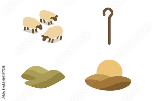 Sheep flock icon set. Isometric vector of farm animals grazing. Shepherding concept with crook staff, rolling hills, and sunset. Rural agriculture landscape.