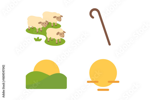 Sheep flock icon set. Flat vector illustration of lambs grazing on a hill. Includes shepherd crook, rolling hills and sunset. Agriculture farming and nature concept.