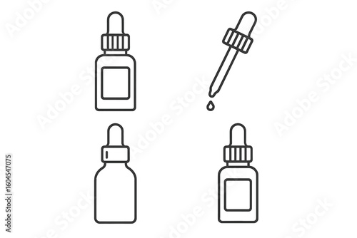 Skincare serum bottle outline icon set. Cosmetic dropper bottle with pipette and drop. Vector collection of essential oil, hyaluronic acid, vitamin C symbols.