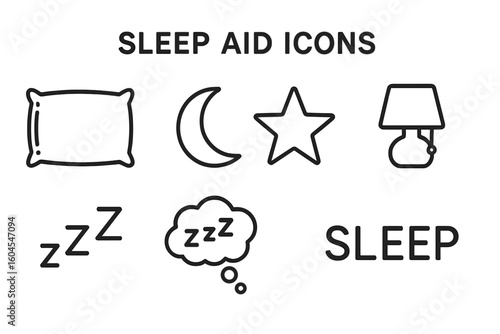 Sleep aid outline icon set. Vector symbols for mindfulness, good night, and healthy rest. Includes pillow, moon, star, lamp, zzz sign, and dream cloud illustration.