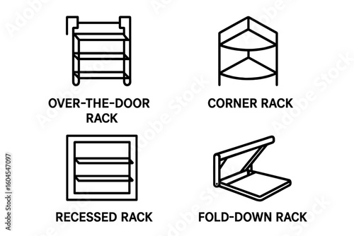 Space saving solutions icon set. Home organization and storage furniture. Outline icons of over-the-door, corner, recessed, and fold-down racks. Vector illustration.