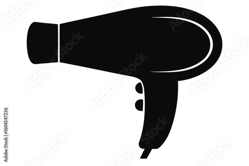 Sleek Black Hair Dryer Silhouette on White Background Professional Styling Tool for Hair Care and Beauty Services Equipment