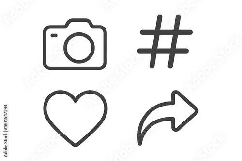 Social media icons set. Outline vector symbols for web and app user interface design. Photo camera, hashtag, like heart, and share arrow signs for online promotion.