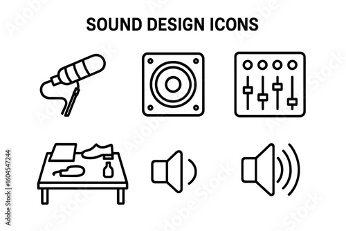 Sound design line icon set. Audio production outline icons. Vector symbols for foley, mixing, recording. Boom mic, speaker, mixer console. Music & film sound effect elements.