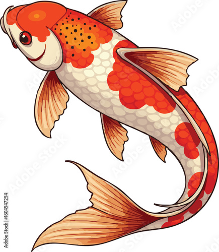 A cartoon goldfish swims isolated in a glass aquarium, an illustration of a colorful aquatic animal