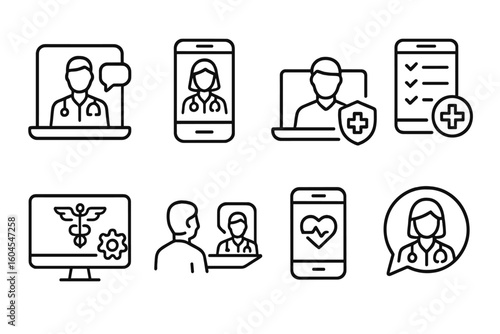 Telemedicine line icon set with online medicine, virtual doctor consultation, remote diagnostics, online doctor appointment, medical app, and digital healthcare symbols in outline style