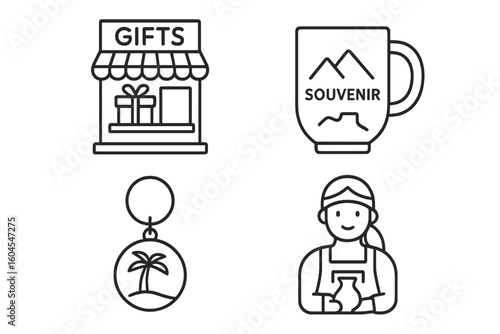 Souvenir icon set. Gift shop, tourist memento. Concept of travel, vacation, tourism. Includes souvenir mug, keychain, local artisan, handmade pottery. Line vector.