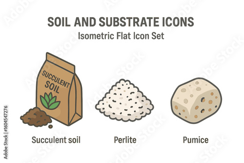 Soil and substrate icons. Isometric flat icon set of gardening components. Succulent soil mix in a bag, pile of perlite, and pumice stone. Vector illustration for horticulture.
