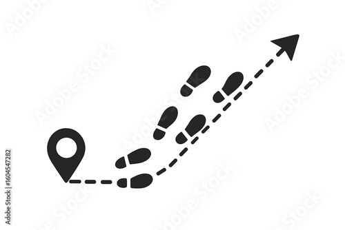 Human footprints on a dashed line path from a starting waypoint pin. Trajectory of movement concept with an arrow indicating direction, route, journey, and destination.