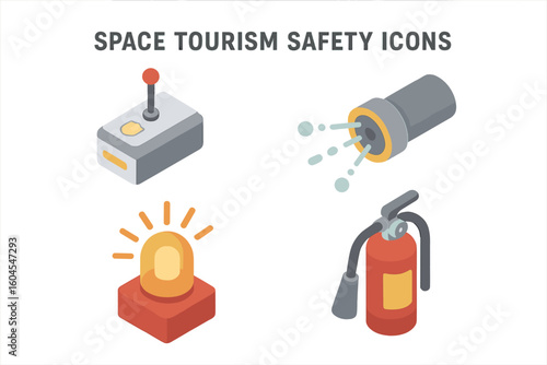 Space tourism safety icons isometric vector set. Emergency equipment collection with fire extinguisher, alarm beacon, control joystick and water suppression nozzle illustration.