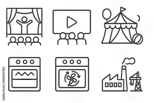 Set of entertainment and industry line icons. Includes theater, cinema, circus tent for amusement, plus factory, oven, and convection oven for industrial concepts. Vector.