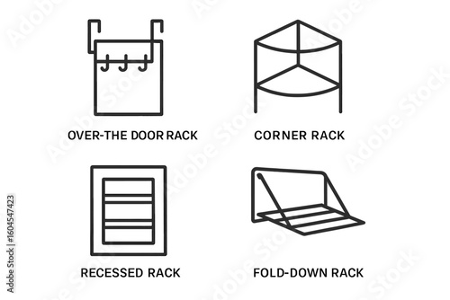 Space-saving solutions icon set. Home organization and storage furniture symbols. Vector line icons of over-the-door, corner, recessed, and fold-down racks.