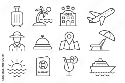 Travel line icon set. Holiday and vacation symbols. Simple outline tourism pictograms. Includes airplane, passport, hotel, map, cruise ship, and beach vector icons.