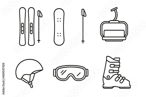 Ski gear icon set for winter sports. Outline vector illustration of ski and snowboard equipment. Simple line art of skis, poles, goggles, helmet, boot, and chairlift.