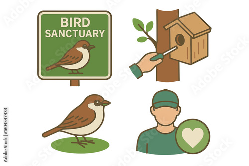 Sparrow conservation icon set. Bird sanctuary sign, nesting box installation. Flat vector illustration for wildlife protection, environment, ecology, nature, and volunteering.