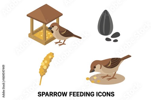 Sparrow feeding icon set. Isometric bird feeder, sunflower seeds, and millet spray. Vector illustration of garden bird eating habits. Wildlife ornithology concept.