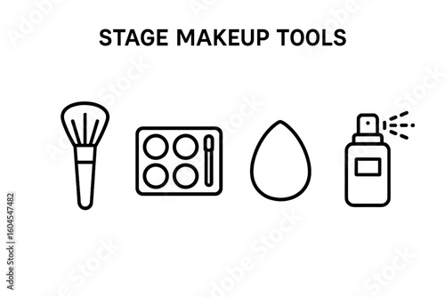 Stage makeup tools outline icon set. Professional theatrical cosmetic kit with powder brush, face paint palette, beauty sponge blender, and setting spray. Vector line art.