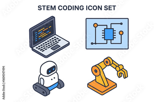 Isometric STEM coding icon set. Vector illustration of technology education project. Laptop with code, circuit board, cute robot, and industrial robotic arm manipulator.