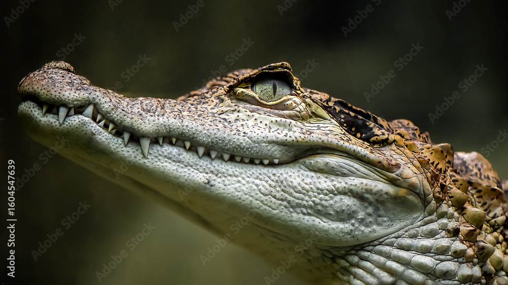 Fototapeta premium Portrait of a Common caiman underwater in an aquarium. Caiman crocodilus, Aquarium de Touraine, Touraine, Indre et Loire 37, région Centre Val de Loire, France, European Union, Europe