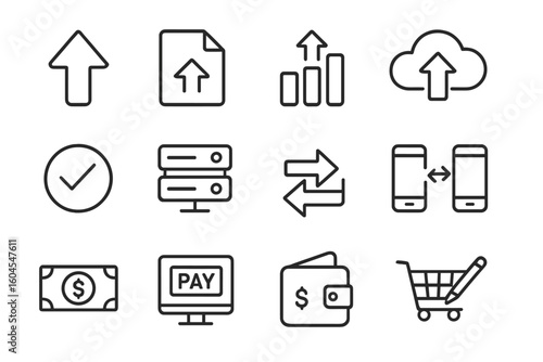 Data transfer and e-commerce line icon set. Concepts of cloud upload, file sharing, server database, online payment, finance, money, shopping cart and mobile transfer.
