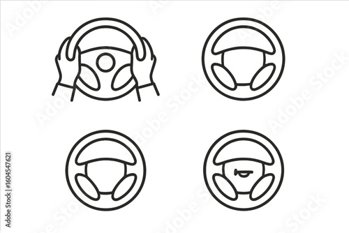 Steering wheel icon set. Car driver hands position for safety. Automobile driving school lesson concept. Vehicle horn and airbag cover symbol line art vector illustration.