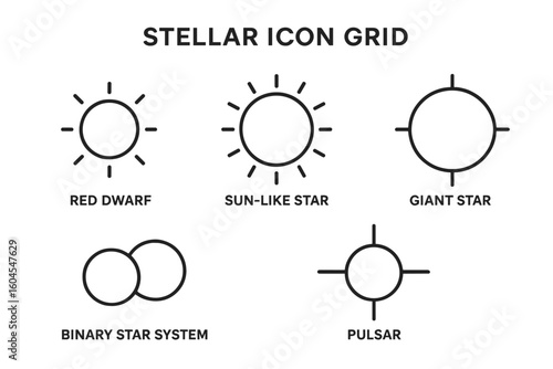 Stellar icon set with different star types. Outline vector icons of red dwarf, sun-like star, giant star, binary system, and pulsar. Astronomy and space exploration symbols.
