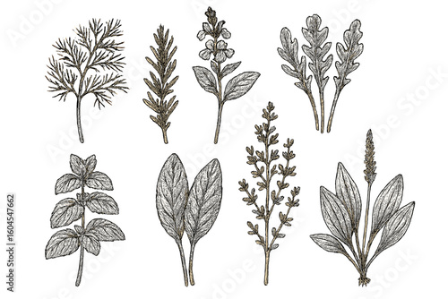 Vintage botanical herbs sketch vector illustration set. Hand-drawn collection of culinary and medicinal plants like dill, rosemary, sage, mint, isolated on transparent background.