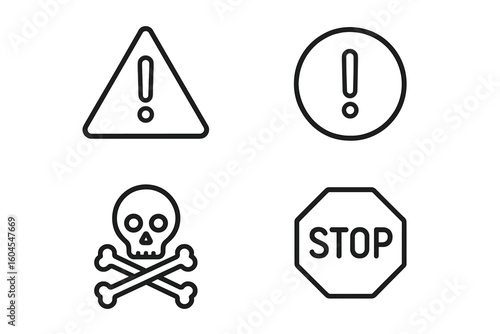 Warning and risk linear icon set. Vector collection with attention exclamation mark, danger skull and crossbones, and stop sign. Outline caution and hazard pictograms.