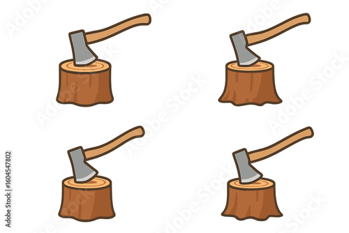 Woodcutter axe in log stump for chopping firewood. Lumberjack tool for forestry and woodwork. Set of four vector icons. Cartoon illustration isolated on white.