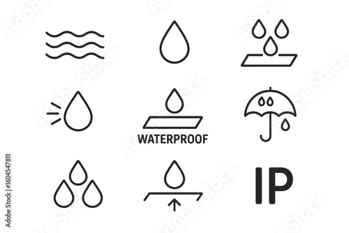 Waterproof line icon set. Water resistant, drop, moisture, waterproof material, water protection, and IP rating icons. Outline vector symbols for hydrophobic surfaces.