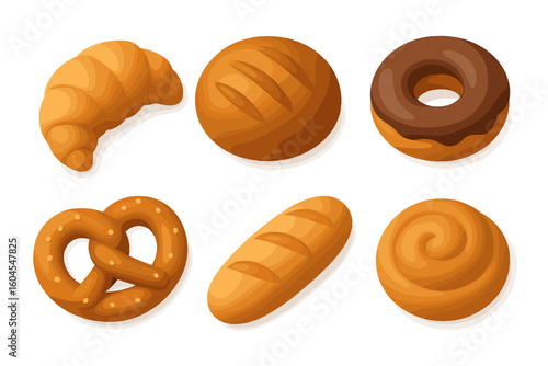 3D bakery products icon set. Vector illustration of fresh baked goods. Pastry collection with croissant, bread, donut, pretzel, baguette and cinnamon roll. Sweet food dessert.