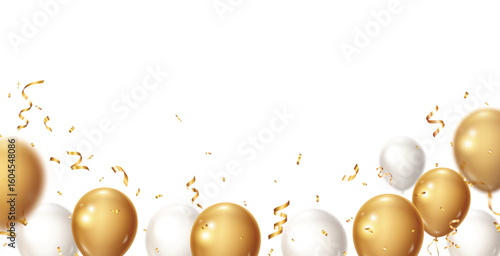 Celebrations and party banner with gold confetti and balloons 