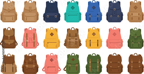 Collection of colorful backpacks in flat design style, school bags, travel packs, stylish accessories for students, isolated on white background