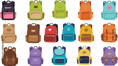 Colorful cartoon school backpacks collection, kids bag set for education, cute student backpack illustrations isolated on white background
