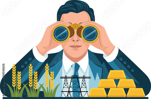 Man looking through binoculars with wheat, power lines and gold bars in the foreground illustration