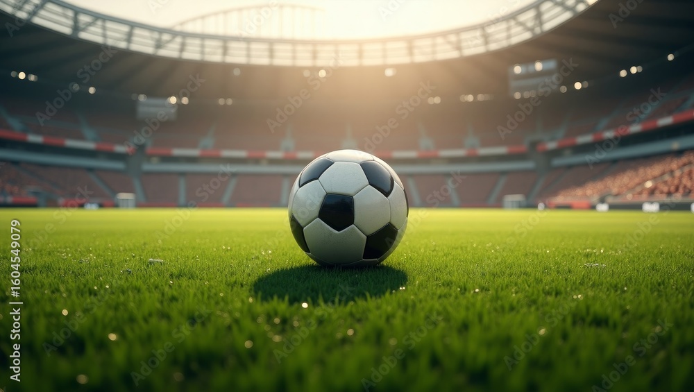 Obraz premium Soccer Ball on Green Field in a Stadium with Sunlight