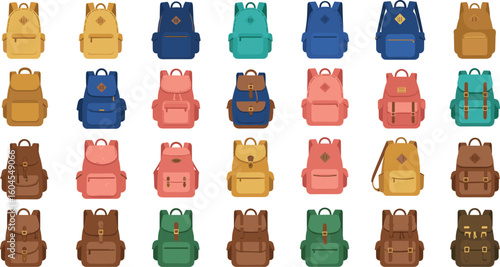 PrintCollection of colorful backpacks in flat design style, school bags, travel packs, stylish accessories for students, isolated on white background