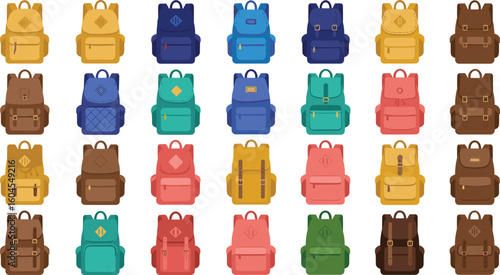 PrintCollection of colorful backpacks in flat design style, school bags, travel packs, stylish accessories for students, isolated on white background