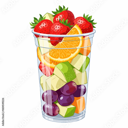 A large plastic cup filled with assorted fresh fruit cuts, perfect for making healthy juice or as a nutritious snack. Ideal for posters, book covers, or online articles about healthy eating, fresh foo