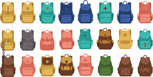 PrintCollection of colorful backpacks in flat design style, school bags, travel packs, stylish accessories for students, isolated on white background