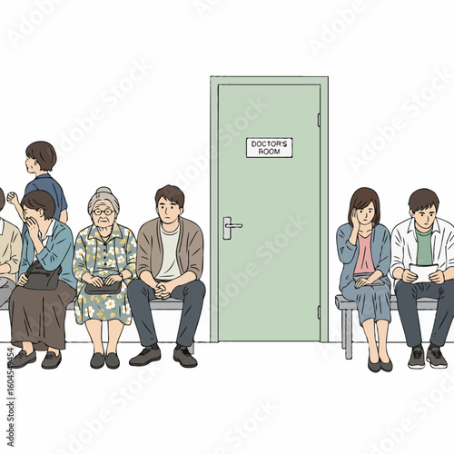 A group of patients waiting in line in front of a doctor’s examination room for routine health checkups and follow-up medical consultations. Suitable for posters, book covers, or online articles about
