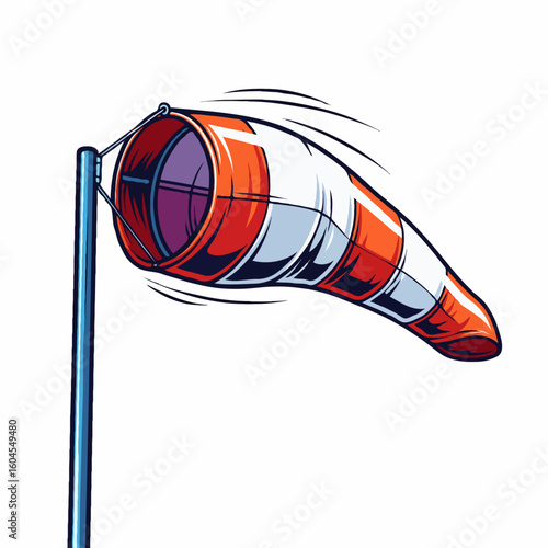A windsock installed at an airport to show wind direction and speed. Essential for flight safety, takeoff, and landing preparations. Perfect for posters, book covers, or online articles about aviation