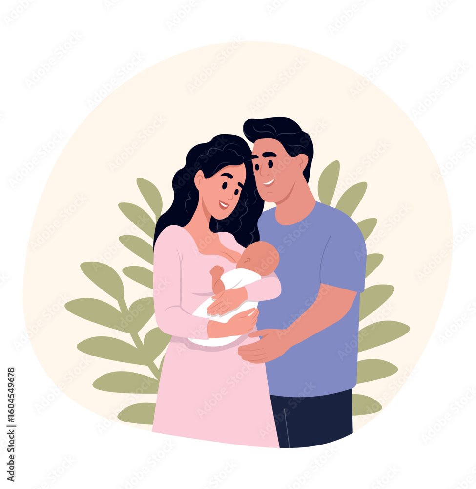 Obraz premium Happy young parents holding newborn baby. Loving family with infant. Mother and father with toddler. Parenthood and family care concept.